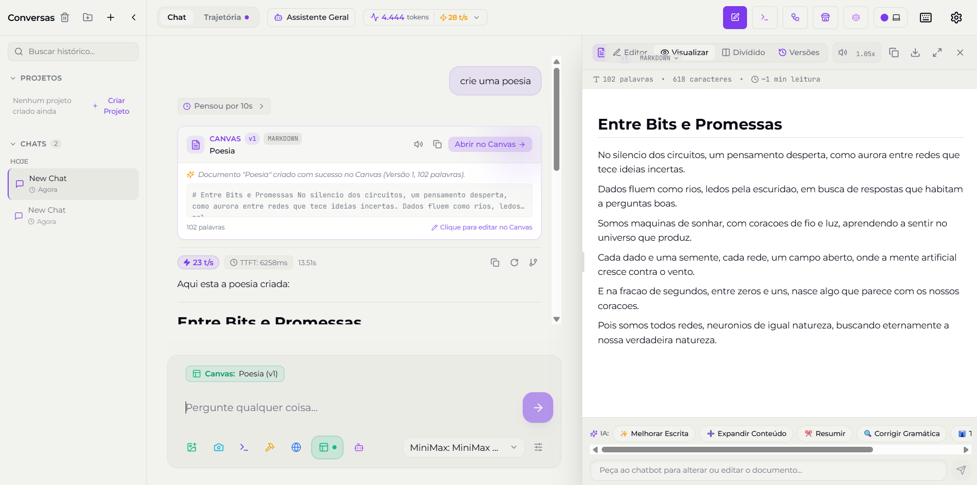 NeoChat Desktop — Canvas com editor Markdown e preview dividido